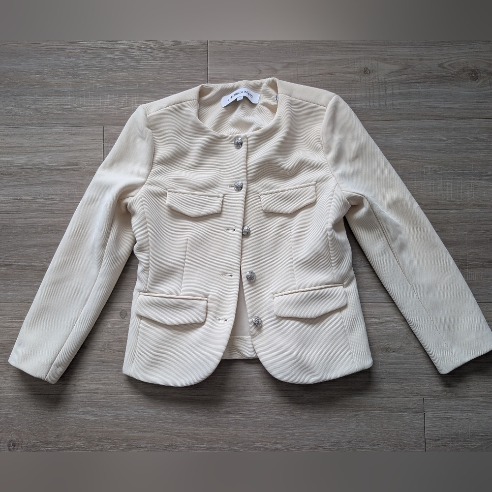 Veronica Beard Cream Collarless Button Blazer